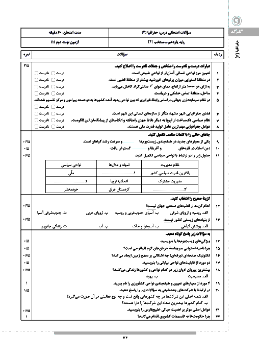 نمونه سؤالات امتحانی نوبت دوم جغرافیا (2) پایه یازدهم رشته انسانی + جواب | آمادگی خرداد 97