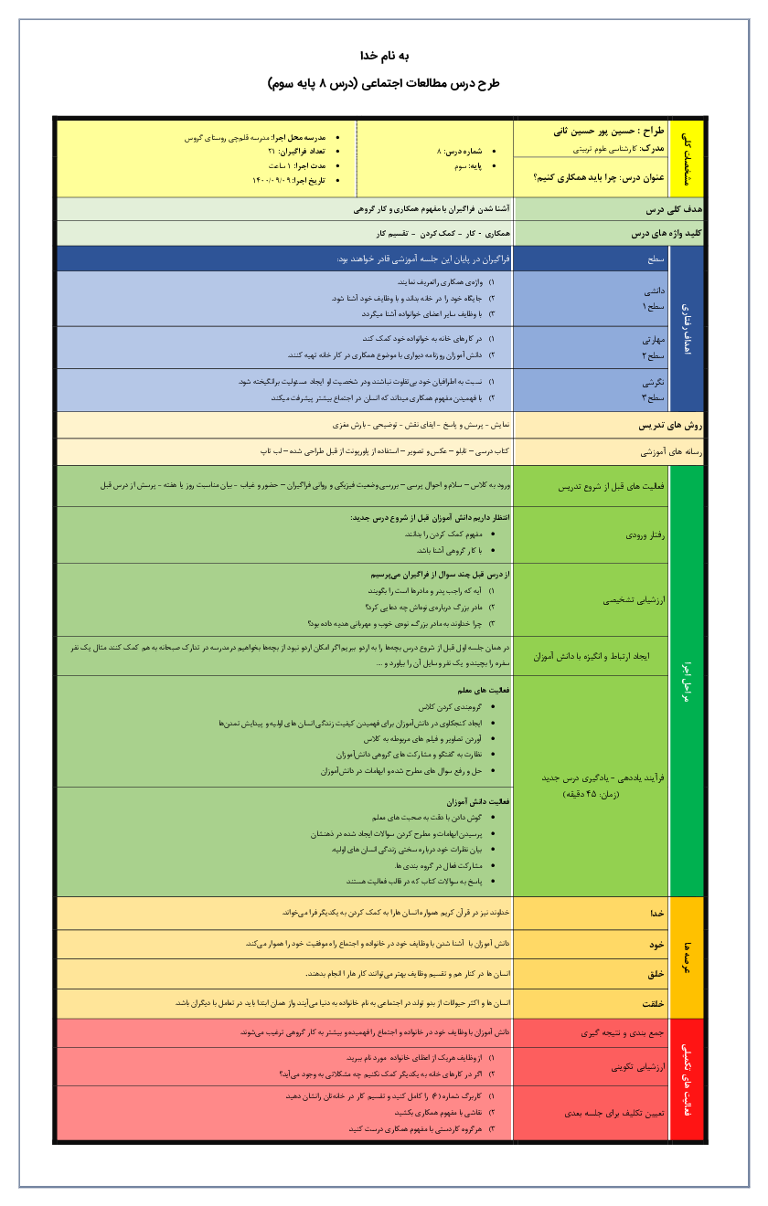 طرح درس روزانه مطالعات اجتماعی سوم دبستان | درس 8: چرا با هم همکاری می‌کنیم؟