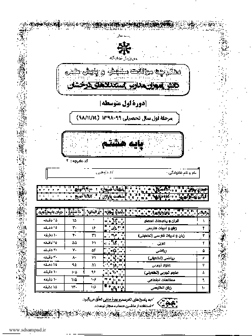 سوالات و پاسخنامه آزمون مرحله اول سنجش و پایش علمی سمپاد پایه هشتم | 20 بهمن 98