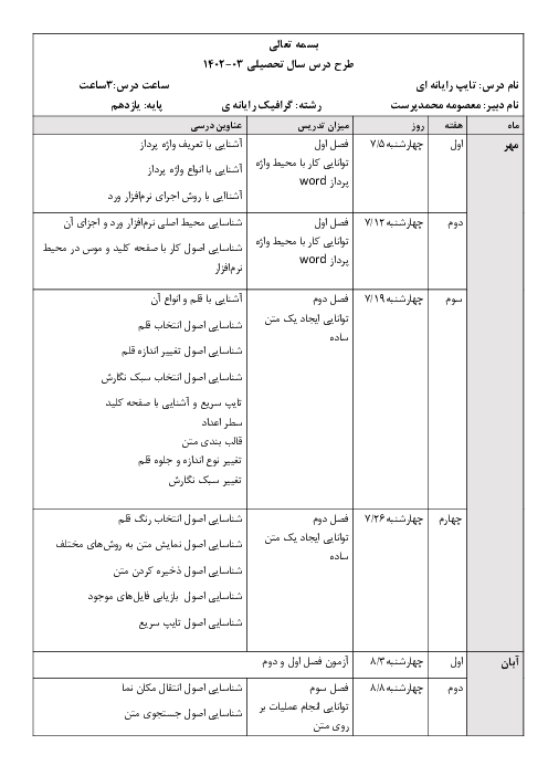 طرح درس سالانه تایپ رایانه ای