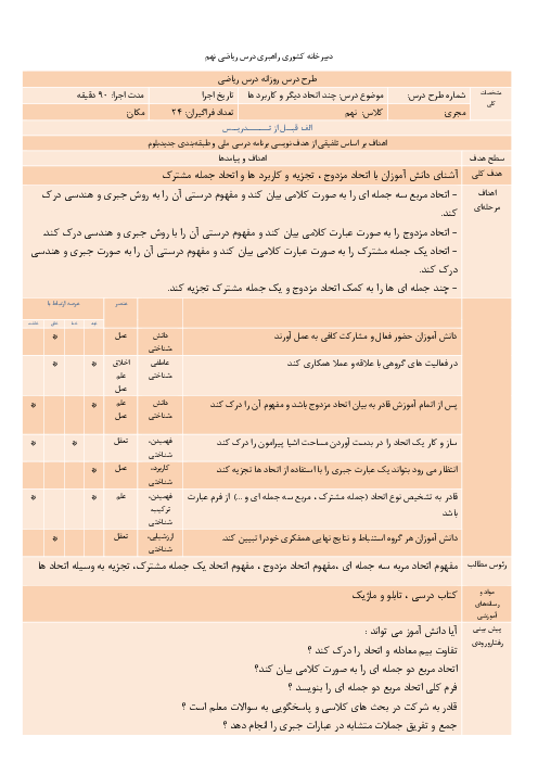 طرح درس اتحاد مزدوج، اتحاد جمله مشترک و تجزیه | ریاضی نهم