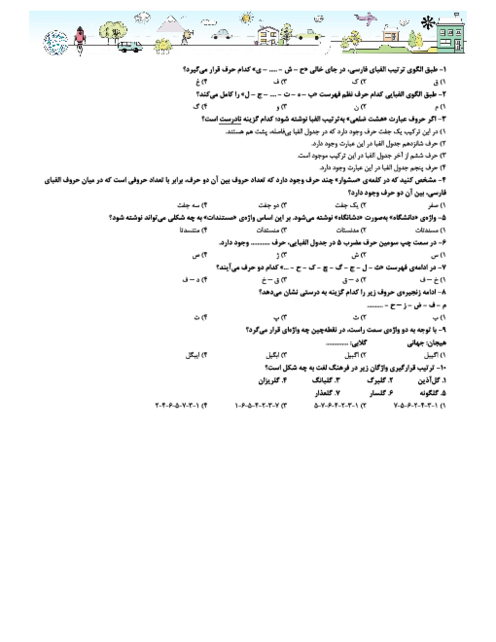 نمونه سوال هوش کلامی: جدول حروف الفبای فارسی