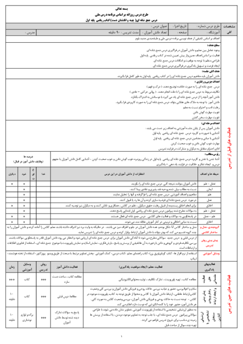 طرح درس روزانه ملی بلوم ریاضی اول دبستان | تم 6: جمع و تفریق با چینه و انگشتان دست (جمع شانه‌ای)