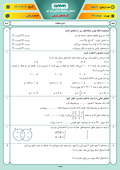 سوالات آزمون نوبت دوم ریاضی نهم هماهنگ استان آذربایجان شرقی | خرداد 1401