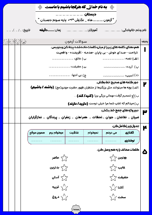 ارزشیابی درس 9 و 10 نگارش سوم دبستان عاشورای انجیرک