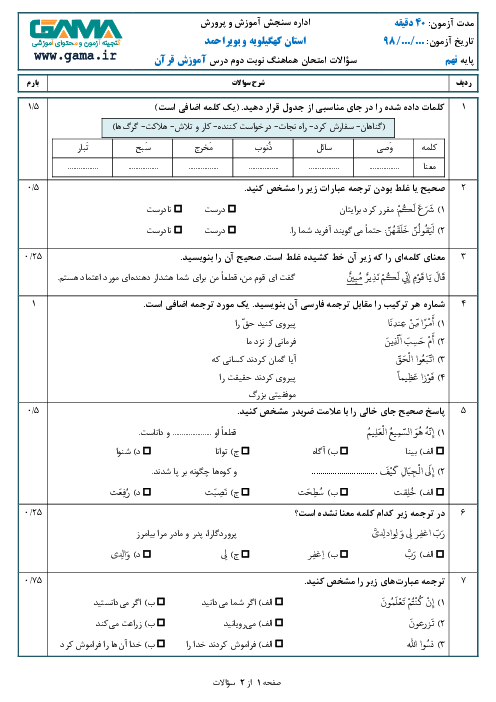 سؤالات امتحان هماهنگ استانی نوبت دوم آموزش قرآن پایه نهم استان کهگیلویه و بویراحمد | اردیبهشت 1398