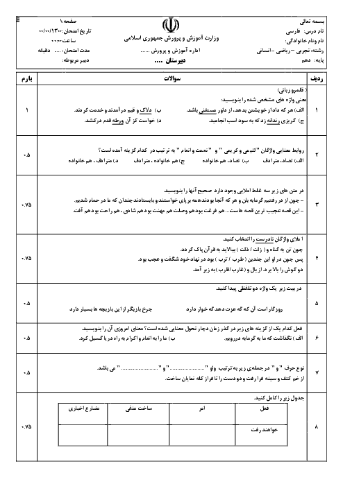 نمونه سوال امتحان نوبت اول فارسی (1) دهم عمومی کلیه رشته ها | درس 1 تا 9