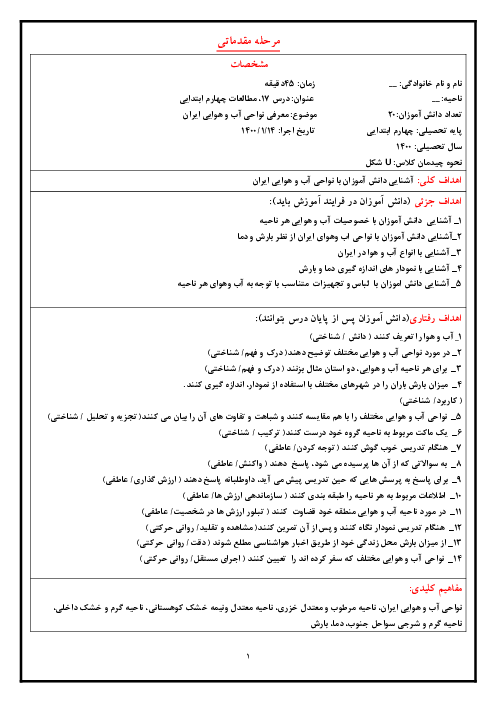 طرح درس روزانه مطالعات اجتماعی چهارم دبستان | درس 17: نواحی آب و هوایی ایران
