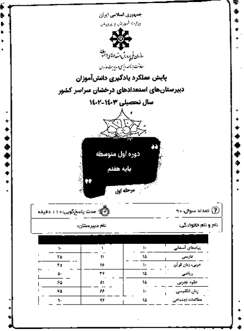 آزمون پایش عملکرد یادگیری دانش آموزان پایه هفتم مدارس سمپاد | بهمن 1402