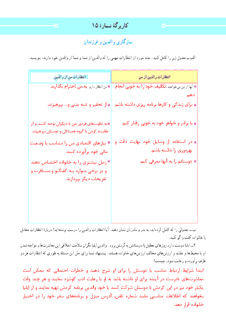 راهنمای گام به گام مطالعات اجتماعی نهم | پاسخ کاربرگه شماره 15: سازگاری والدین و فرزندان