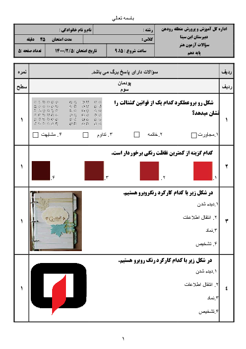 آزمون پایانی تستی هنر دهم دبیرستان ابن سینا رودهن