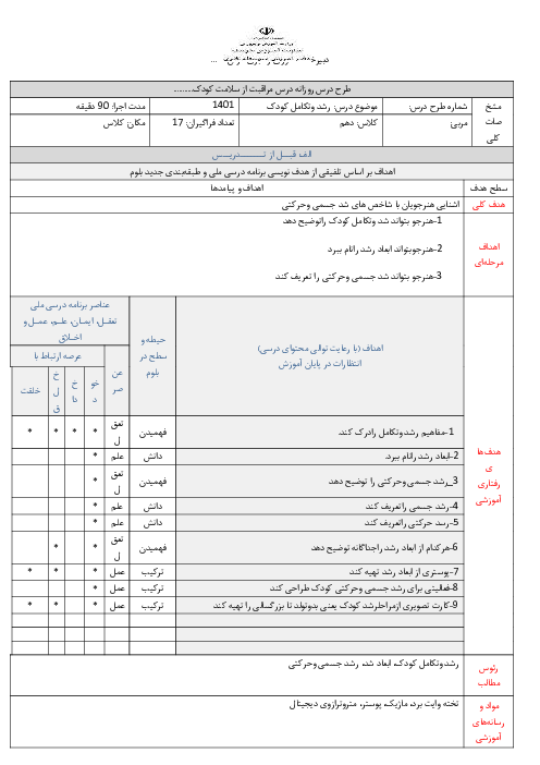 طرح درس روزانه مراقبت از سلامت کودک دهم | فصل 1: رشد و تکامل کودک