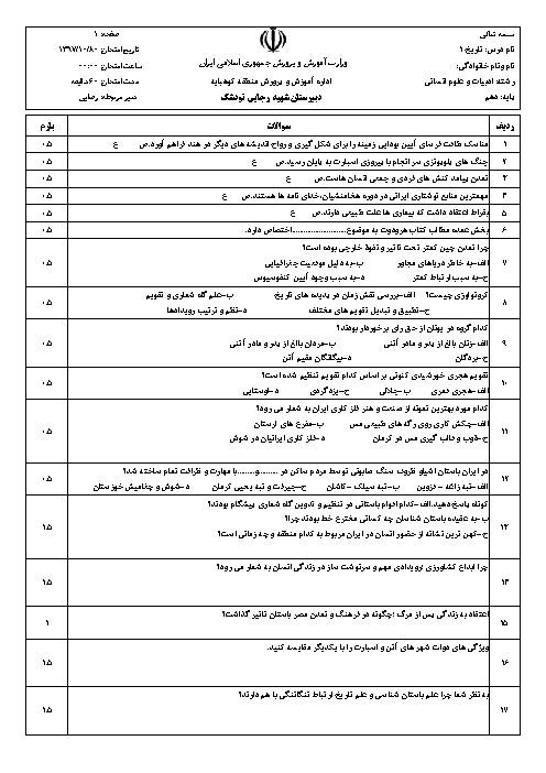 سوالات امتحان نوبت اول تاریخ (1) دهم دبیرستان شهید رجائی تودشک | دی 1397
