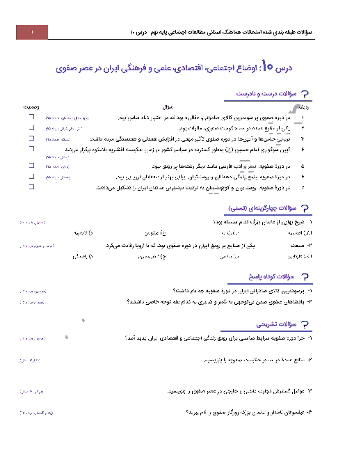 سؤالات طبقه بندی شده امتحانات هماهنگ استانی مطالعات اجتماعی پایه نهم با جواب | درس 10: اوضاع اجتماعی، اقتصادی، علمی و فرهنگی ایران در عصر صفوی
