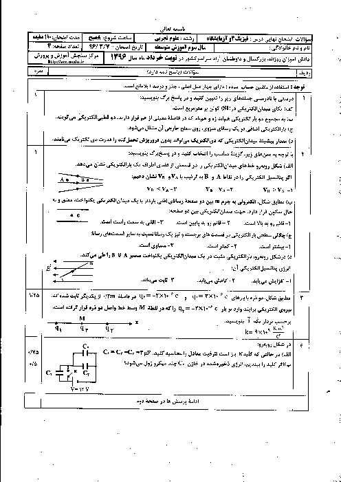 سوالات و پاسخ تشریحی امتحان نهایی فیزیک 3 و آزمایشگاه رشتۀ علوم تجربی | خرداد 96