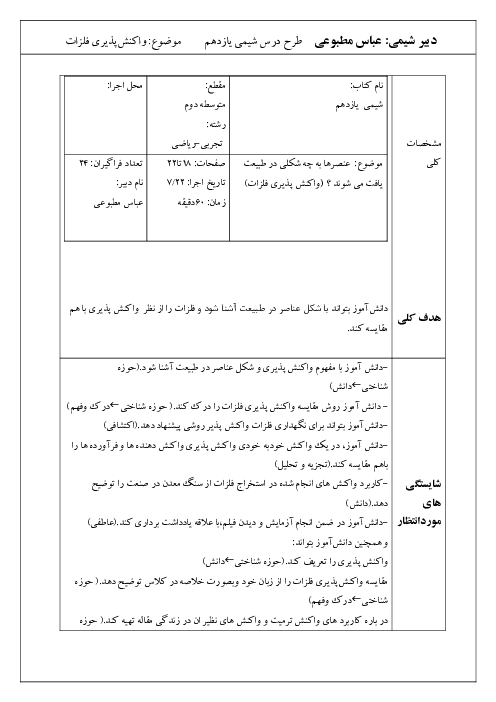 الگوی طرح درس شیمی (2) یازدهم | واکنش پذیری فلزات