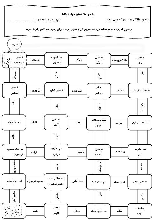 کاربرگ خلاق واژگان درس 9 و 10 فارسی پنجم: نام آوران و نام نیکو