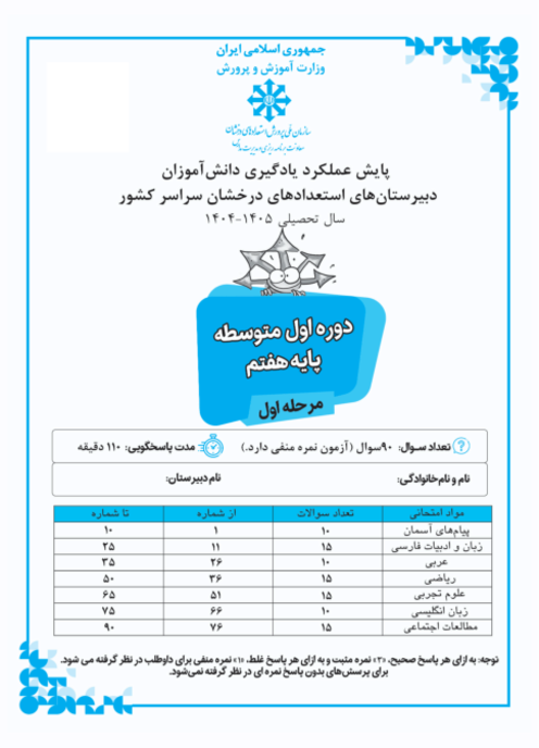 آزمون مرحله اول پایش عملکرد یادگیری تیزهوشان هفتم بهمن 1404