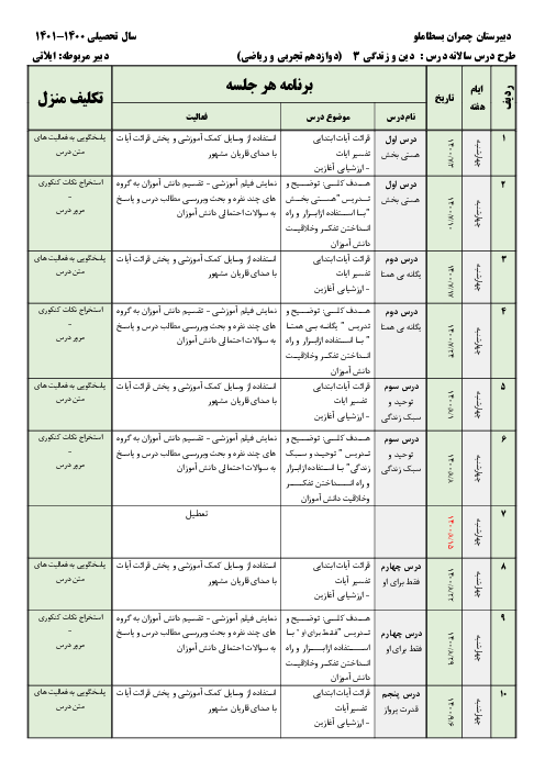 طرح درس سالانه دین و زندگی 3 دوازدهم تجربی و ریاضی