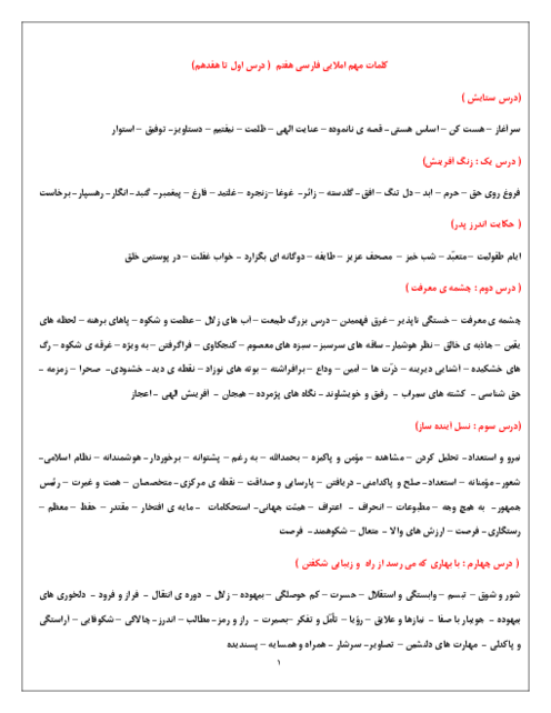 کلمات مهم املایی فارسی هفتم