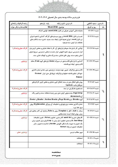 طرح درس و بودجه بندی سالانه کتاب تایپ رایانه ای