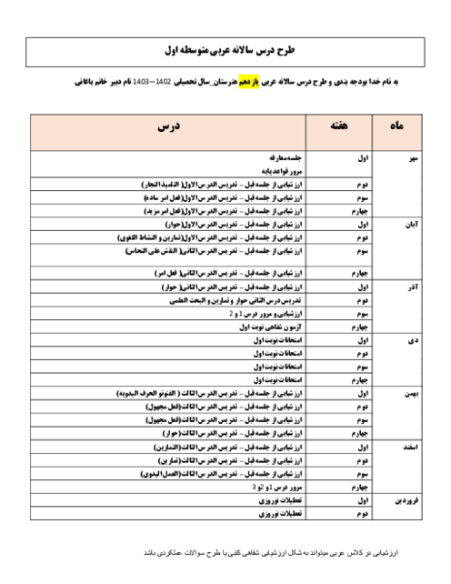 بودجه بندی و طرح درس سالانه عربی سال یازدهم هنرستان