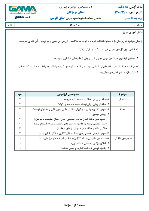 امتحان هماهنگ انشای فارسی پایه نهم استان هرمزگان | خرداد 1400