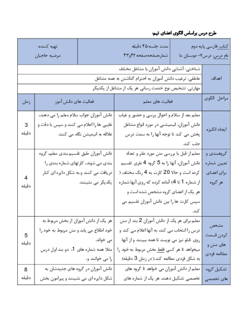 طرح درس بر اساس الگوی اعضای تیم | فارسی دوم ابتدائی | درس 7: دوستان ما