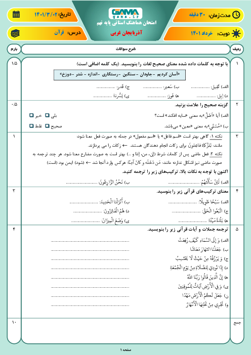 امتحان هماهنگ نوبت دوم آموزش قرآن نهم استان آذربایجان غربی | خرداد 1401