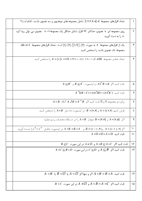 نمونه سوالات امتحانی آمار و احتمال یازدهم رشته رياضی و فیزیک | فصل اول: آشنایی با مبانی ریاضیات (درس 1 تا 3)