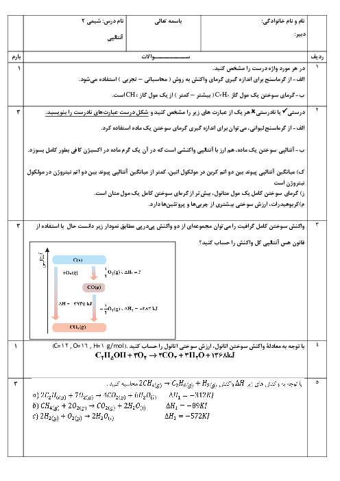 سوالات طبقه بندی شده آنتالپی شیمی یازدهم