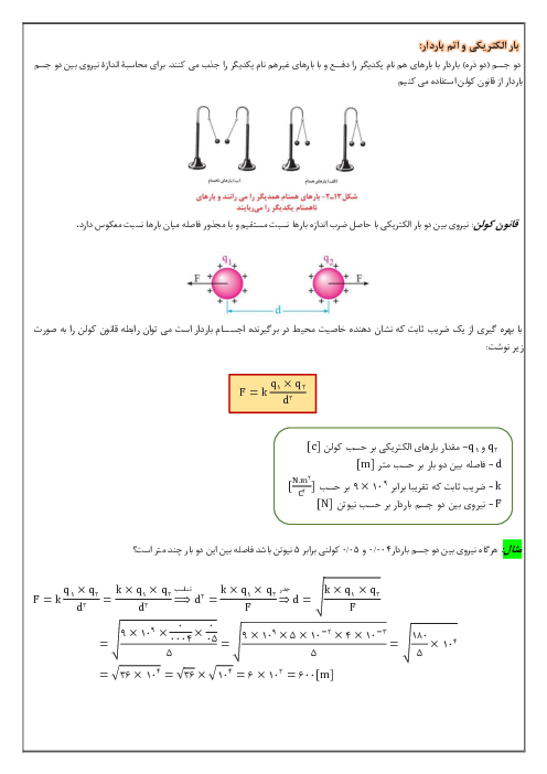 جزوه مبانی الکتریسیته ( قانون کولن، میدان الکتریکی و میدان الکتریکی یکنواخت)