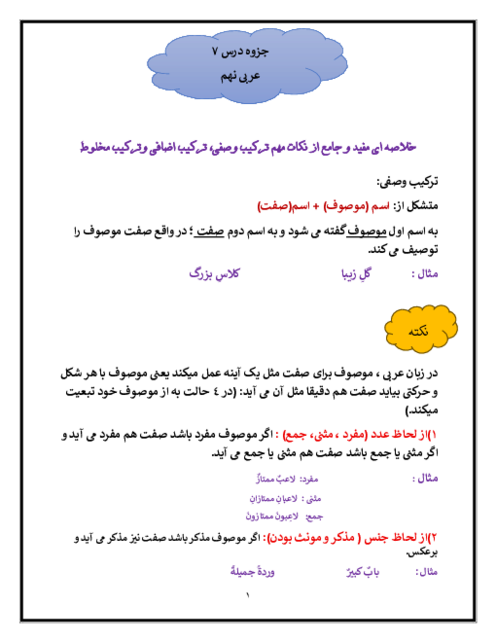 جزوه قواعد ترکیب وصفی و اضافی درس 7 عربی نهم