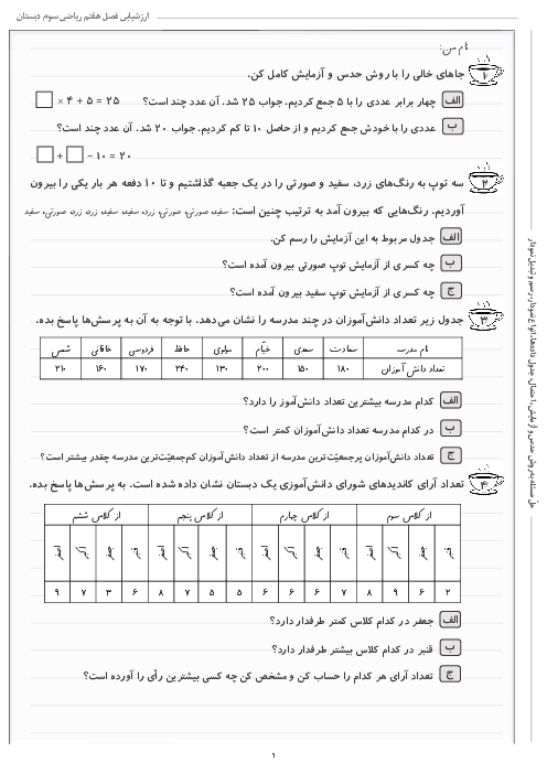 نمونه سوال فصل 7: آمار و احتمال | ریاضی سوم دبستان شهید کاظمی