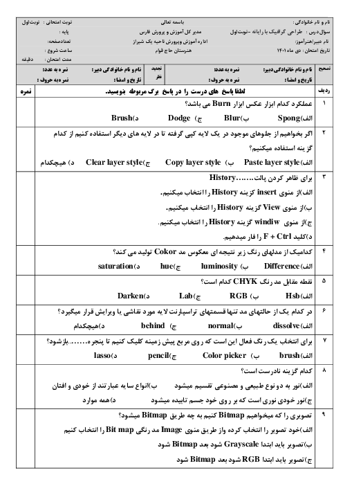 آزمون چهارگزینه‌ای نوبت اول طراحی امور گرافیکی با رایانه یازدهم هنرستان کاردانش حاج قوام | دی 1401