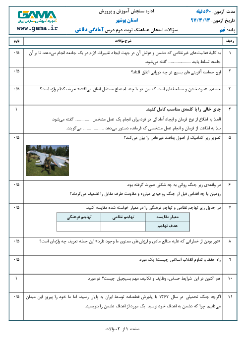 امتحان هماهنگ استانی آمادگی دفاعی پایه نهم نوبت دوم (خرداد ماه 97) | استان بوشهر