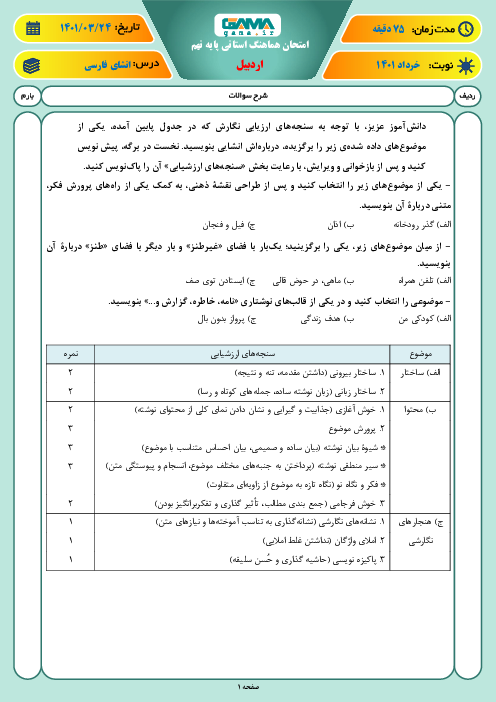سوالات آزمون نوبت دوم انشای فارسی نهم هماهنگ استان اردبیل | خرداد 1401
