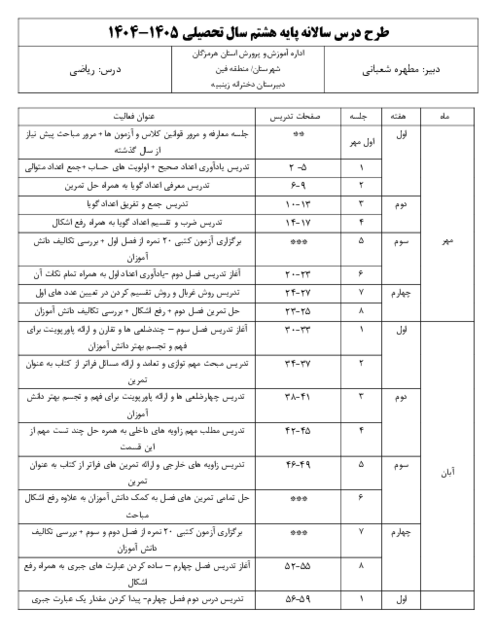 طرح درس سالانه ریاضی هشتم
