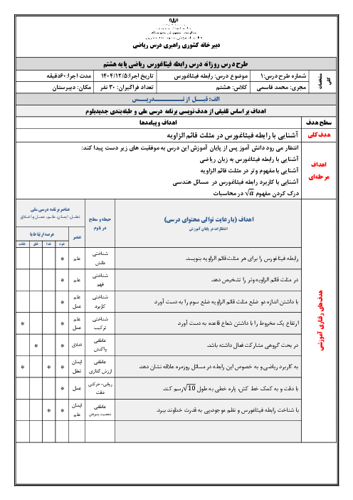 طرح درس روزانه رابطه فیثاغورس ریاضی هشتم 