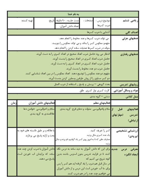 طرح درس روزانه ریاضی ششم ابتدائی | درس 2: ضرب کسرها