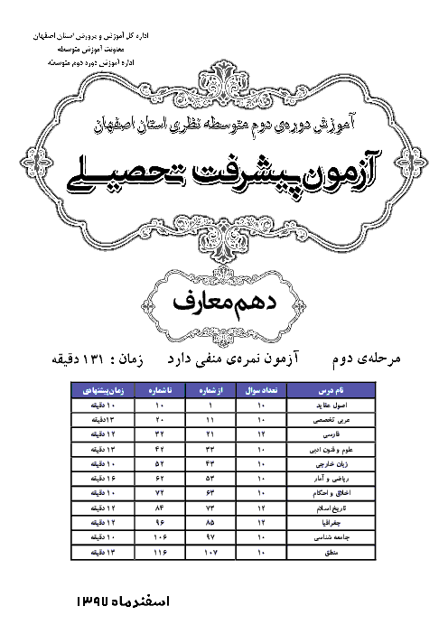 سوالات و پاسخ کلیدی آزمون پیشرفت تحصیلی پایه دهم رشته معارف استان اصفهان | مرحله دوم (اسفند 97)