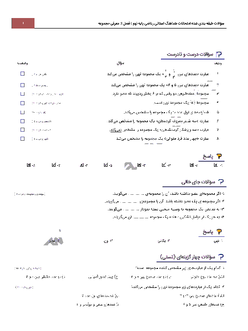 سؤالات امتحانات هماهنگ استانی فصل اول ریاضی نهم با جواب | درس 1: معرفی مجموعه ها