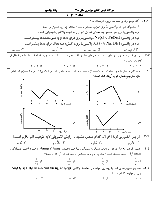 سوالات شیمی نظام 3-3-6 کنکور سراسری داخل کشور در تیر ماه 1398 | رشته ریاضی + پاسخ
