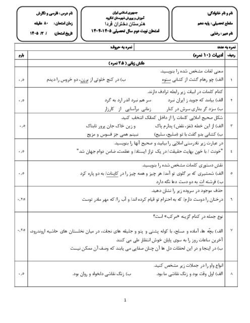 نمونه سوال نوبت دوم فارسی و نگارش دهم خرداد 1405 هنرستان آئین روشن