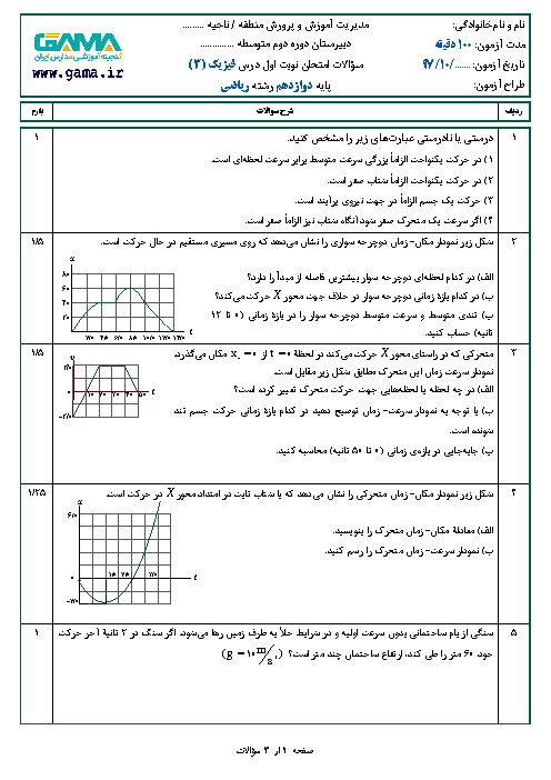 نمونه سوال امتحان نوبت اول فیزیک (3) دوازدهم رشته ریاضی | سری 5 + پاسخ