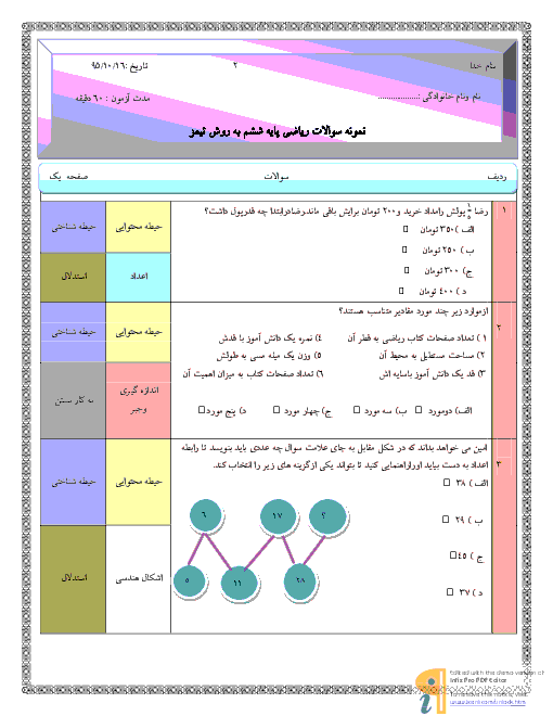 نمونه سوالات ریاضی ششم دبستان به روش تیمز