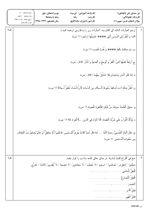 آزمون نوبت اول عربی، زبان قرآن (1) پایه دهم هنرستان کاردانش کاردانش ابن سینا |‌ دیماه 95