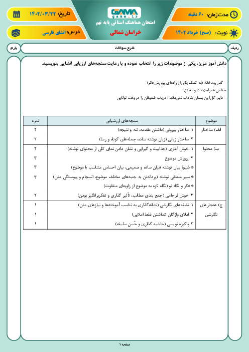امتحان هماهنگ استانی خرداد 1402 انشای فارسی پایه نهم استان خراسان شمالی