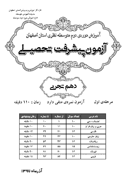 سوالات و پاسخ کلیدی آزمون پیشرفت تحصیلی پایه دهم رشته تجربی استان اصفهان | مرحله اول (آذر 97)