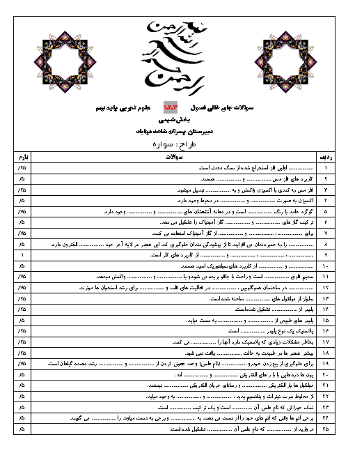 سوالات جاخالی فصل 1 تا 3 علوم نهم دبیرستان شاهد پسرانه مهاباد